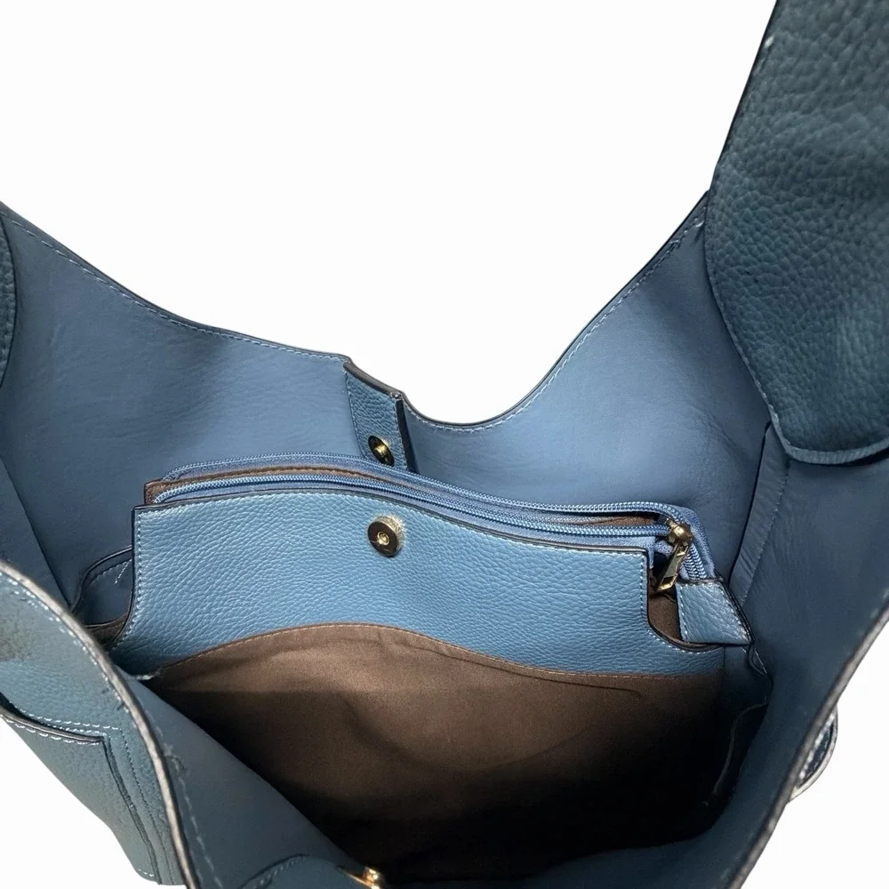 Blue Pebbled Faux Leather Hobo Tote Bag Slouch Shoulder‎ Bag